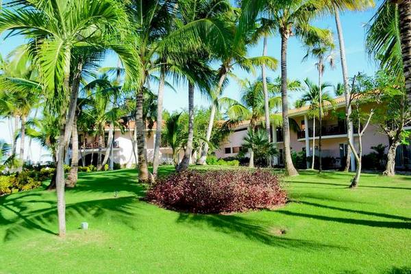 Außenansicht des Dreams Flora Resort & Spa mit Palmen und Gebäuden im Hintergrund.