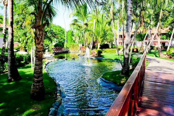 Ein Garten im Dreams Flora Resort & Spa mit einem fließenden Wasserlauf und einer Brücke.