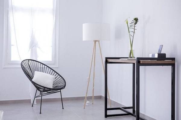 Innenraum des Pietra E Mare Mykonos Hotels mit einem schwarzen Stuhl, einer Stehlampe und einem Tisch mit einer Pflanze.