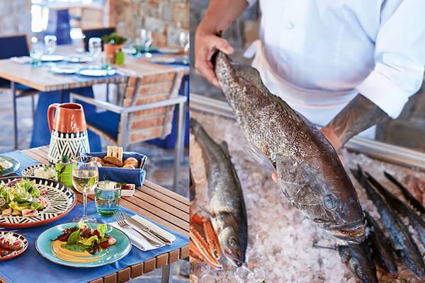 Eine Collage von zwei Bildern zeigt ein Hotelrestaurant des Amirandes Grecotel Boutique Resorts mit einem gedeckten Tisch und einem Koch, der frischen Fisch präsentiert.