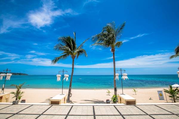 Strandansicht des Pavilion Samui Villas & Resort mit Palmen und Meer