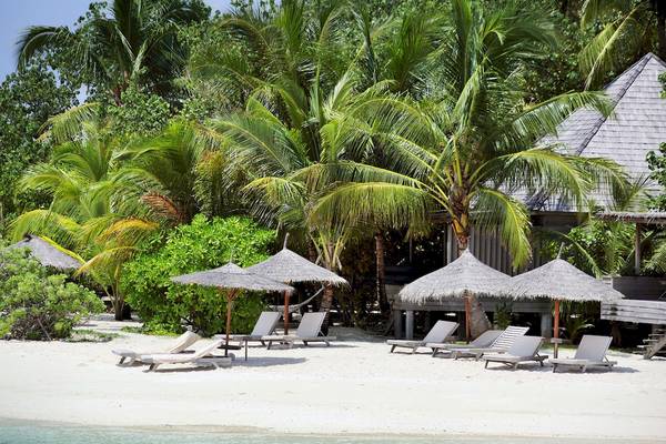 Strand des Gangehi Island Resorts mit weißen Sonnenliegen und Strohhütten