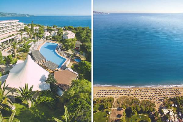 Außenansicht des Agapi Beach Resorts mit Pool und Strand.