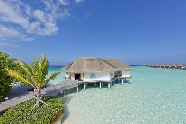 Ein traditionelles Rundhaus am Wasser des Safari Island Resorts.