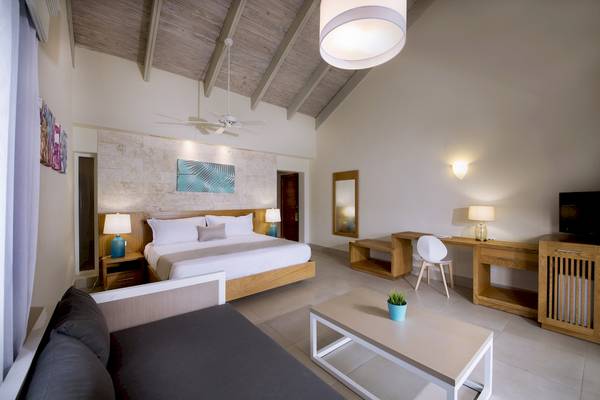 Innenansicht eines Hotelzimmers mit Bett, Sofa, Schreibtisch und Deko-Pflanze.