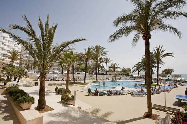 Außenpoolbereich des Playa Dorada Aparthotels mit Palmen und Sonnenliegen.