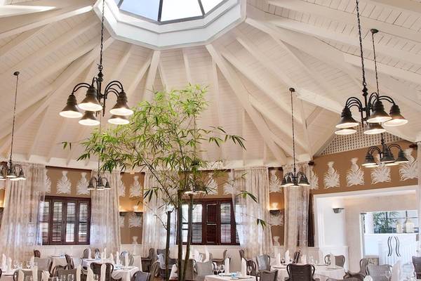 Innenansicht des Restaurants im Gran Ventana Beach Resort mit Deckenbeleuchtung und einem zentralen Baum.