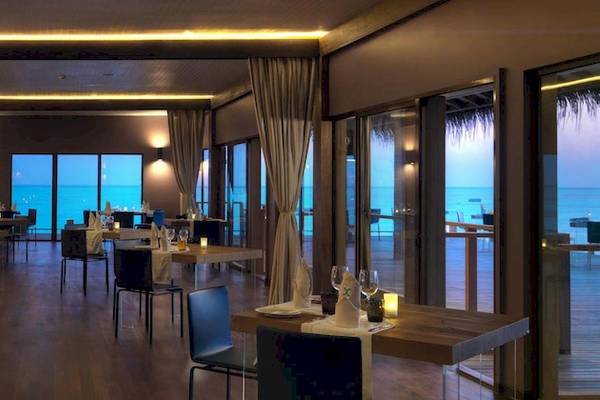 Innenansicht des Restaurants im Cocoon Maldives Hotel mit Blick auf das Meer und modernen Möbeln.