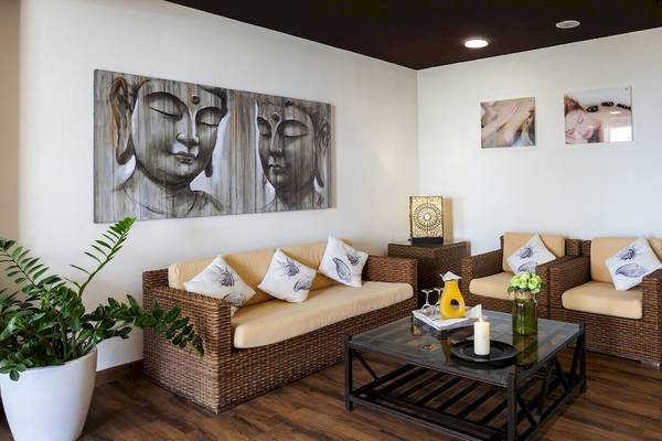 Ein Hotel-Lounge-Bereich mit zwei Sofas, Kissen, einem Tisch, Pflanzen und Gemälden an der Wand.