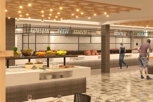 Illustration des Buffetbereichs im Abora Buenaventura Hotel mit verschiedenen Essensstationen.