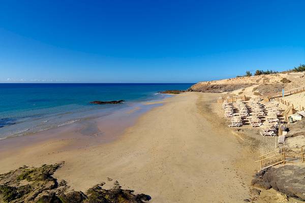 Strand des H10 Tindaya Hotels mit vielen Liegen und Sonnenschirmen