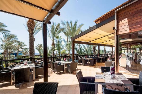 Außenterrasse des Occidental Jandia Playa Hotels mit Tischen, Stühlen und Palmen im Hintergrund.