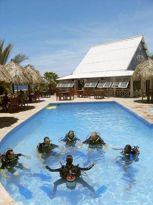 Gruppe von Tauchern in Tauchausrüstung in einem Pool vor dem LionsDive Beach Resort