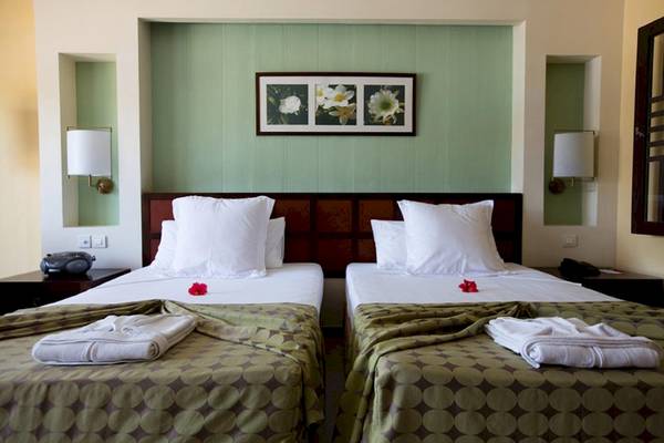 Doppelbettzimmer im Sanctuary at Grand Memories Varadero mit grünen Wänden, zwei Betten, weißen Laken, roten Blumen und drei Bildern an der Wand.