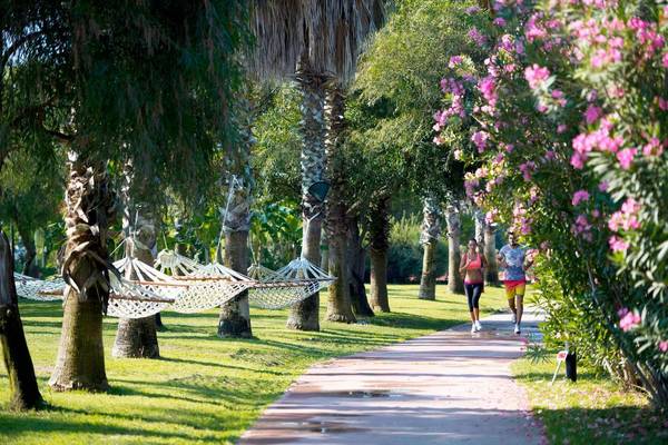 Zwei Jogger laufen auf einem gepflasterten Weg im Concorde De Luxe Resort Park, umgeben von Palmen und Blumen, mit Hängematten zwischen den Bäumen.