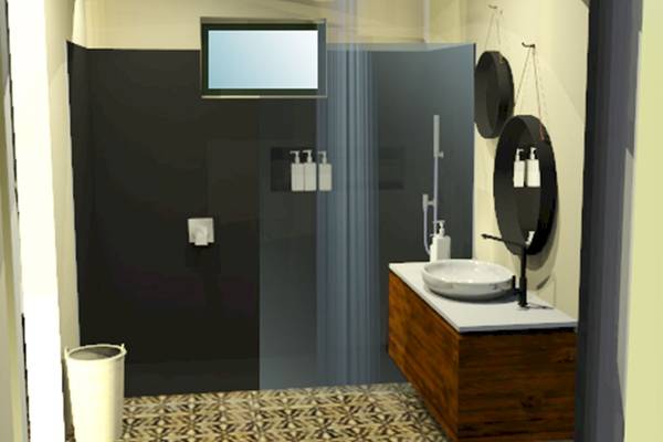 Ein Badezimmerdesign im Anelia Resort & Spa mit schwarzer Wand, Glasdusche und Marmorarbeitsplatte.