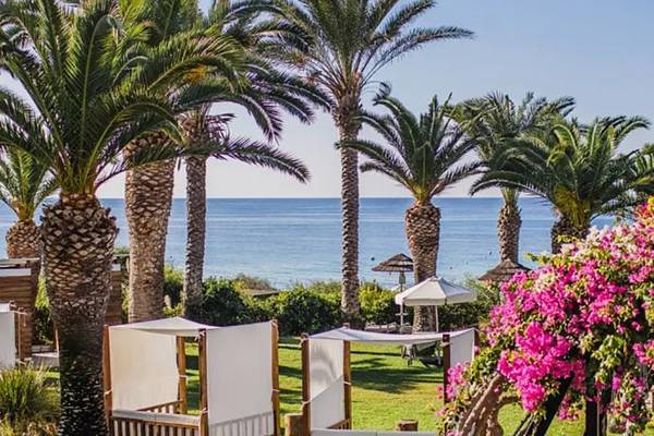 Meerblick des Alion Beach Hotels mit Palmen und Blumen im Vordergrund.