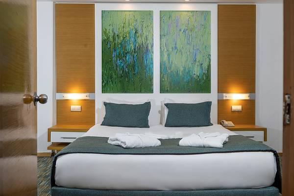 Hotelzimmer in Ladonia Hotels Adakule mit zwei Gemälden an der Wand und einem Bett mit grünen Kissen und weißen Handtüchern.