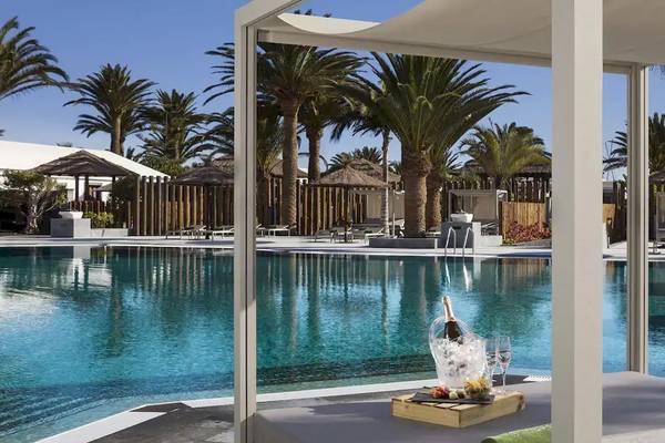 Schwimmbad des Melia Salinas Hotels mit Palmen und Sonnenliegen