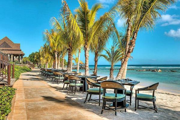 Außenbereich des Westin Turtle Bay Resorts mit Palmen und Strandrestaurant.
