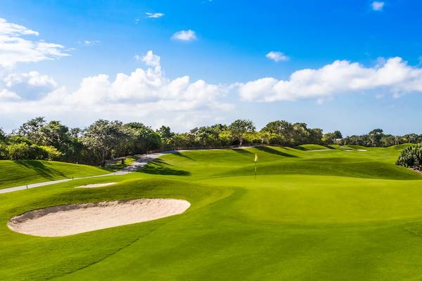 Golfplatz des Iberostar Grand Paraiso Hotels mit grünen Rasen und Bäumen.