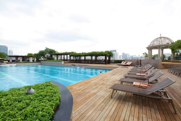 Dachterrasse des Pathumwan Princess Hotels mit Swimmingpool und Sonnenliegen.