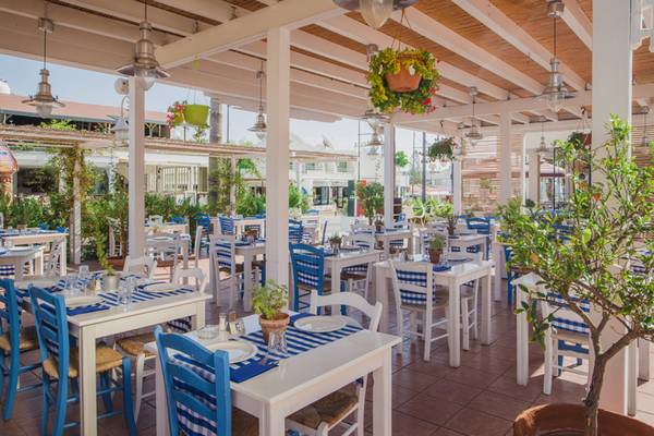 Restaurantterrasse im Napa Plaza Hotel mit blau-weiß gestreiften Stühlen und Tischen.
