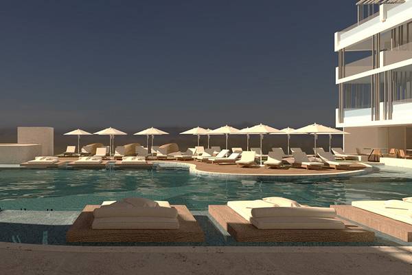 Illustration des Akasha Beach Hotel & Spa Poolbereichs mit Loungesesseln und Sonnenschirmen.