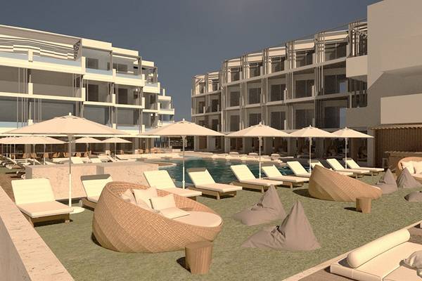 3D-Rendering des Akasha Beach Hotel & Spa Außenbereichs mit Pool, Lounge-Bereich und Sonnenschirmen.