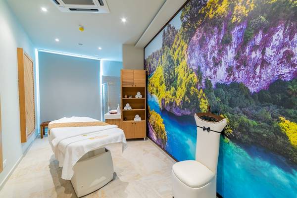 Massageraum im Ramla Bay Resort mit Blick auf einen Wasserfall.