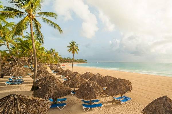 Strand des Caribe Deluxe Princess Hotels mit Palmen, Sonnenschirmen und Strandliegen.