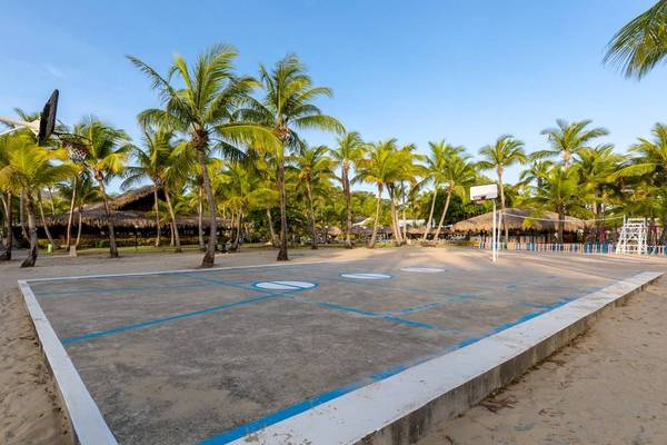 Sportanlage am Strand mit Basketballkorb und Volleyballnetz, umgeben von Palmen.