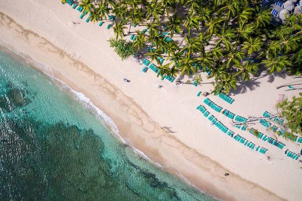 Luftaufnahme des Playabachata Spa Resorts Strands mit blauen Liegen und Palmen