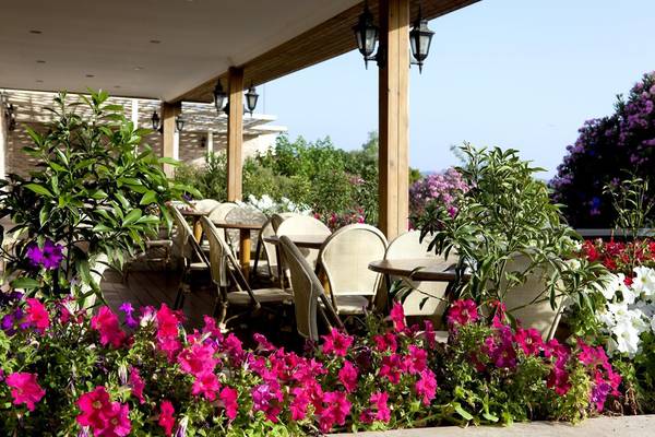 Terrasse im Club Resort Atlantis mit Tischen, Stühlen und Blumen.