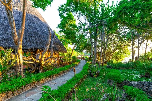 Weg zum Bungalow im Sands at Chale Island Resort mit bewachsenem Pfad und umliegenden Pflanzen.