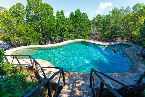 Ein Swimmingpool im Freien, umgeben von Bäumen und Sträuchern, mit zwei Personen im Wasser.