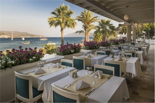 Terrasse des Privé Hotel Bodrum mit Blick auf das Meer, gesäumt von Palmen und Blumenbeeten.