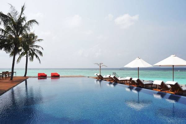 Ein Swimmingpool im Noku Maldives, umgeben von Palmen und Sonnenliegen am Meer.