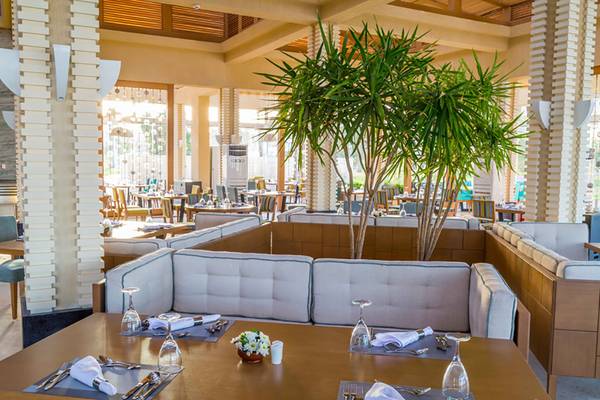 Innenansicht des Restaurants des Rixos Premium Seagate mit einem großen grünen Baum, der von Tischsets und Weingläsern umgeben ist.