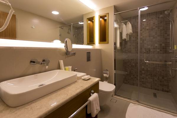 Badezimmer im Belad Bont Resort mit Waschbecken, Spiegel, Toilette und Duschkabine.