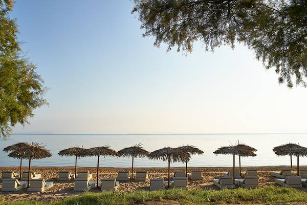 Griechenland Strand mit Sonnenliegen und Palmen am Grecotel Casa Marron