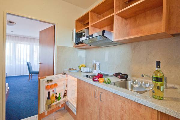 Küche im Zimmer des Hamburg Mitte Hotels mit Kühlschrank, Mikrowelle, Obst und Weinflasche.