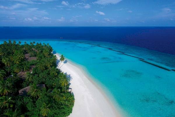 Luftaufnahme des Constance Halaveli Hotels auf den Malediven mit türkisfarbenem Wasser, weißem Sandstrand und grünen Palmen.