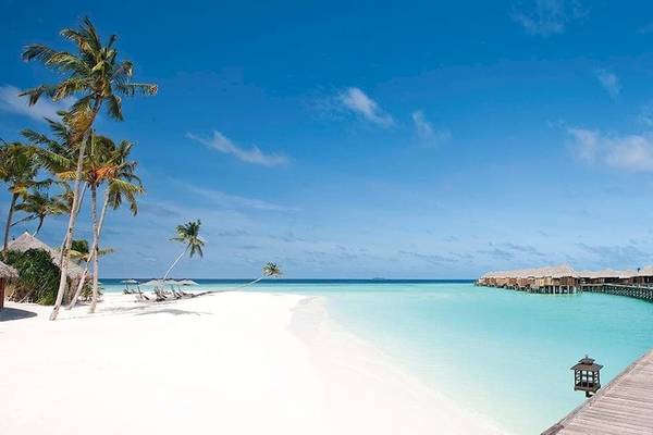 Constance Halaveli Maldives Strand mit weißen Palmen, blauem Wasser und Wasservillen.