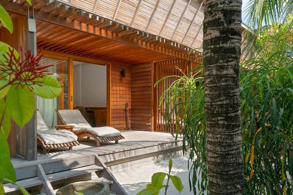 Außenbereich des Barefoot Eco Hotels mit zwei Liegen und einer Palme