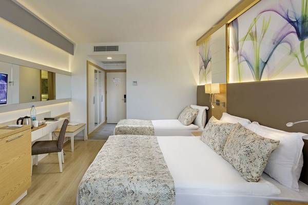 Hotelzimmer mit zwei Betten, Schreibtisch, Fernseher und Dekoration.