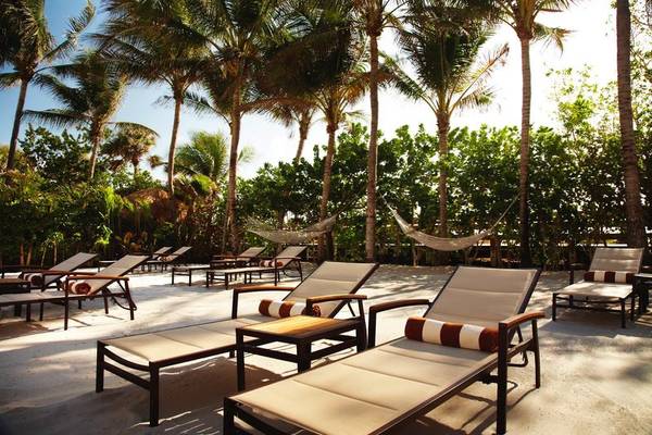 Palms Hotel & Spa: Liegestühle unter Palmen auf einem sandigen Bereich.