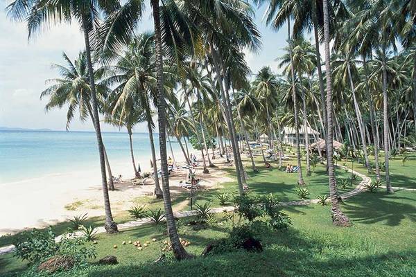 Strand des Cape Panwa Hotels mit vielen Palmen und Liegen