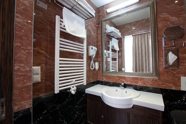 Ein Badezimmer mit einem Waschbecken, einem Spiegel und einem Handtuchwärmer in einem Best Western Plus Hotel.