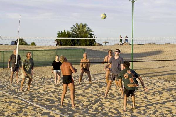 Gruppe von Spielern spielt Volleyball auf dem Sandstrand mit einem Netz.